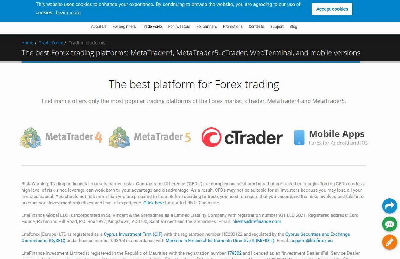 The platform page on the LiteFinance website