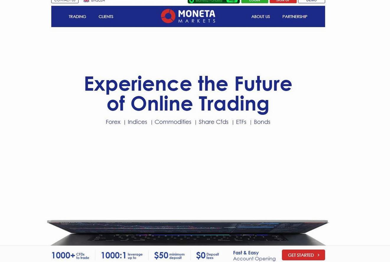 Screenshot of the Moneta Markets website