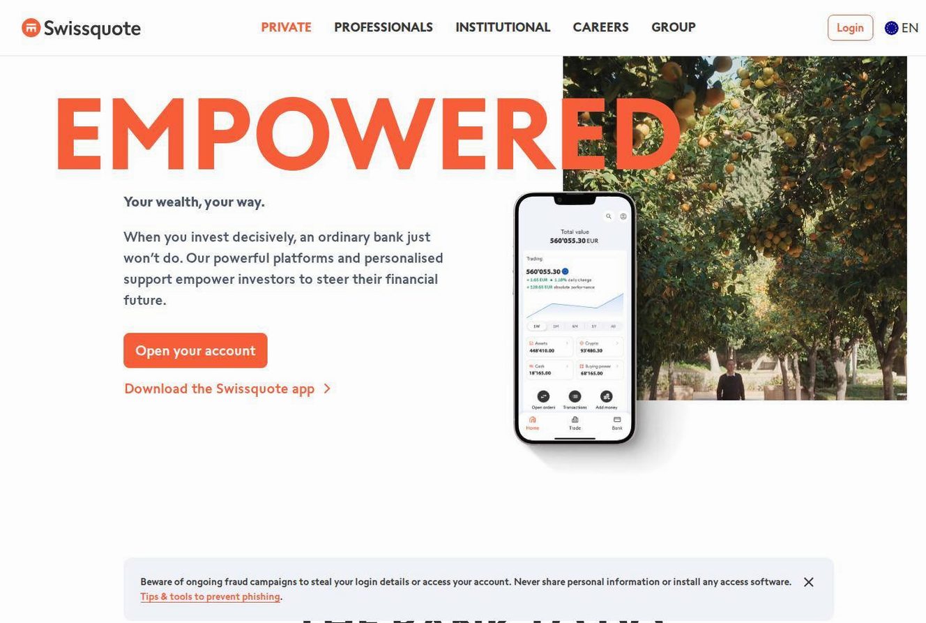 The platform page on the Swissquote website