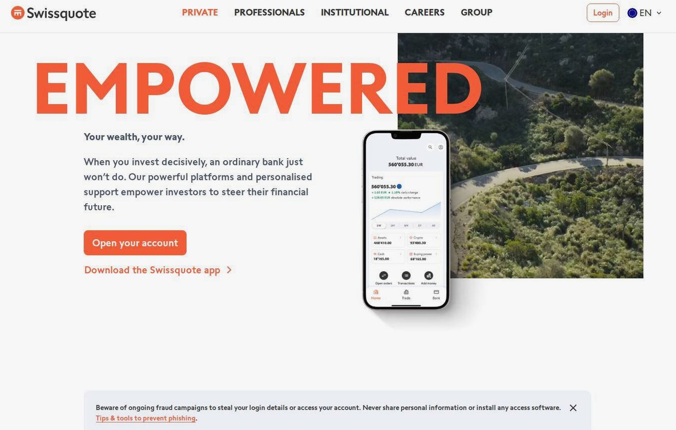 Screenshot of the Swissquote website