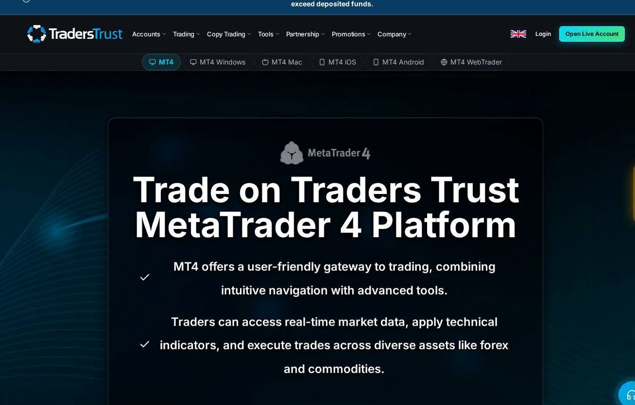 The platform page on the Traders Trust website