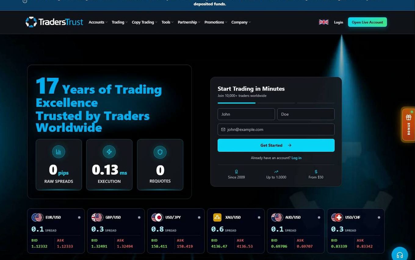 Screenshot of the Traders Trust website