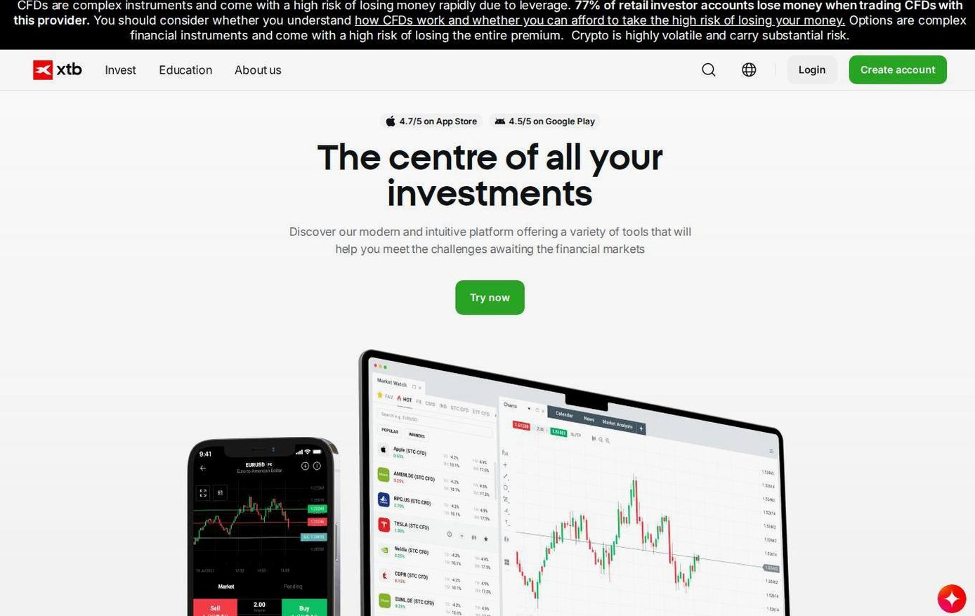 The platform page on the XTB website