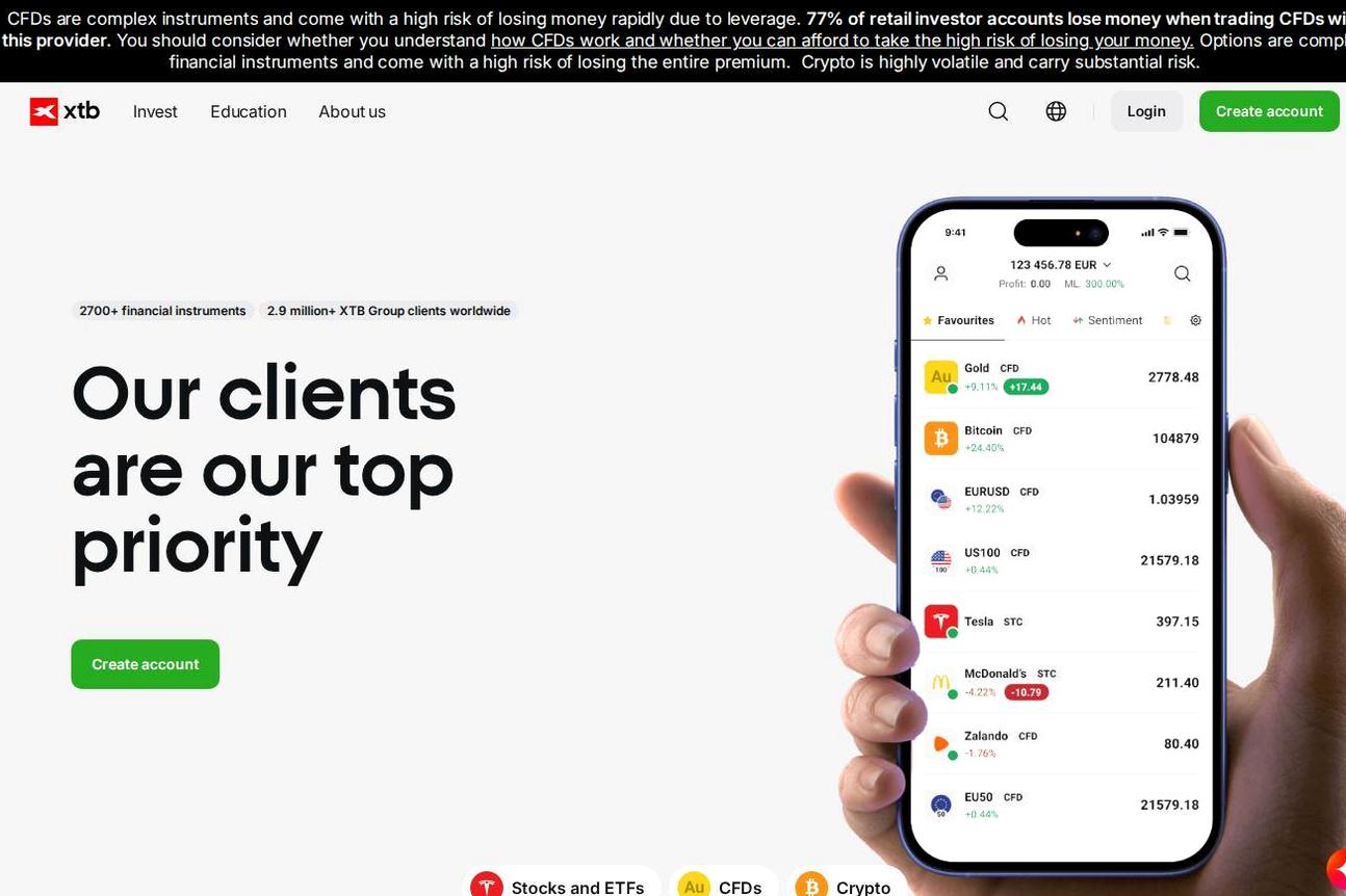 Screenshot of the XTB website